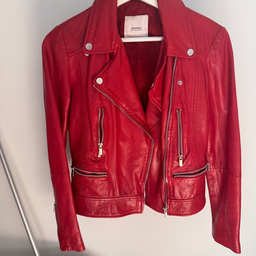 Mango Red Leather Jacket with Silver Accents